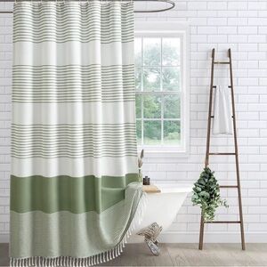 Green and White Striped Shower Curtain - Modern Bathroom Accent